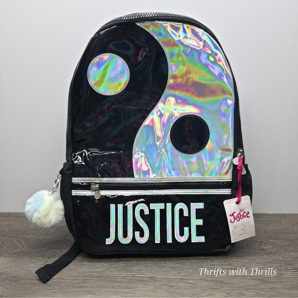 New Justice Yin-Yang Black/Holographic Silver Backpack With Keychain